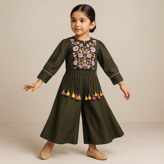 Pre Order: Dark Olive Embroidered Top And Flared Palazzo