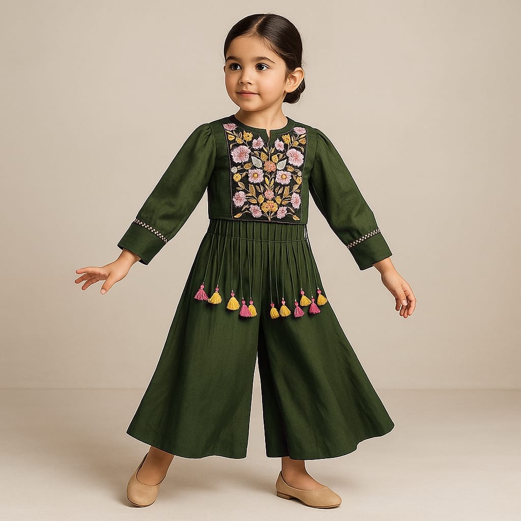 Pre Order: Olive Embroidered Top And Flared Palazzo