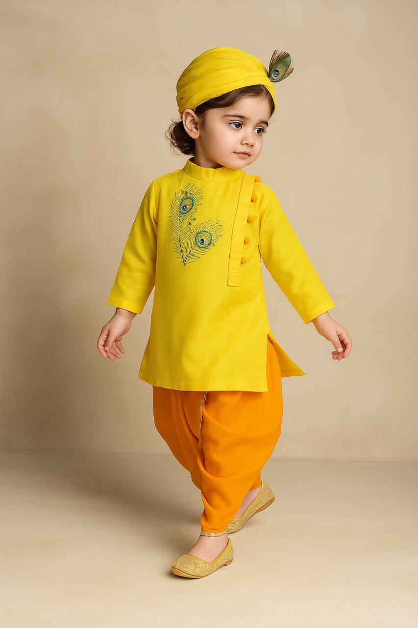 Pre Order: Yellow Morpankh Kurta And Dhoti