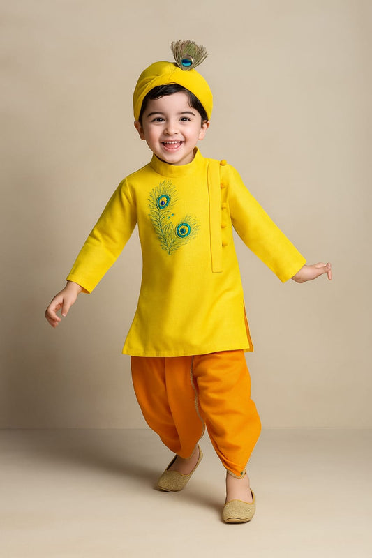 Pre Order: Yellow Morpankh Kurta And Dhoti