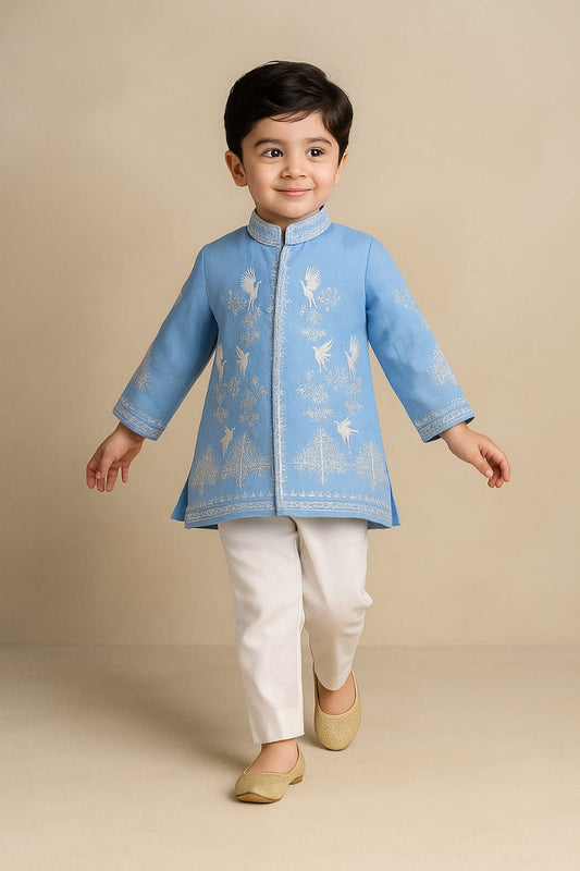 Pre Order: Blue Bird Embroidered Sherwani And Pant