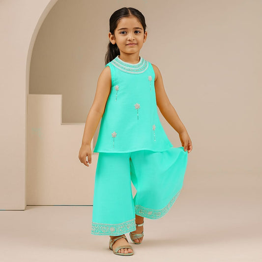 Pre Order:Sea Blue Embroidered Kurti And Flared Palazzo
