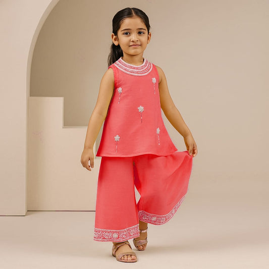 Pre Order: Peach Embroidered Kurti And Flared Palazzo