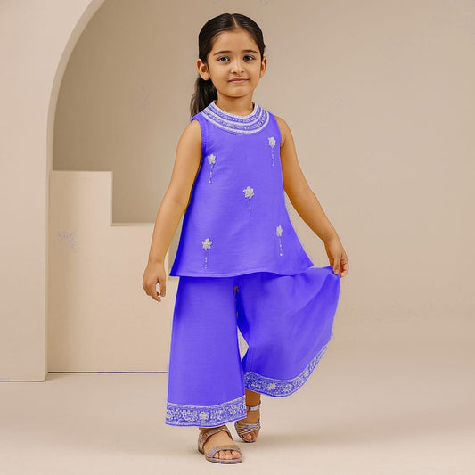 Pre Order: Purple Embroidered Kurti And Flared Palazzo