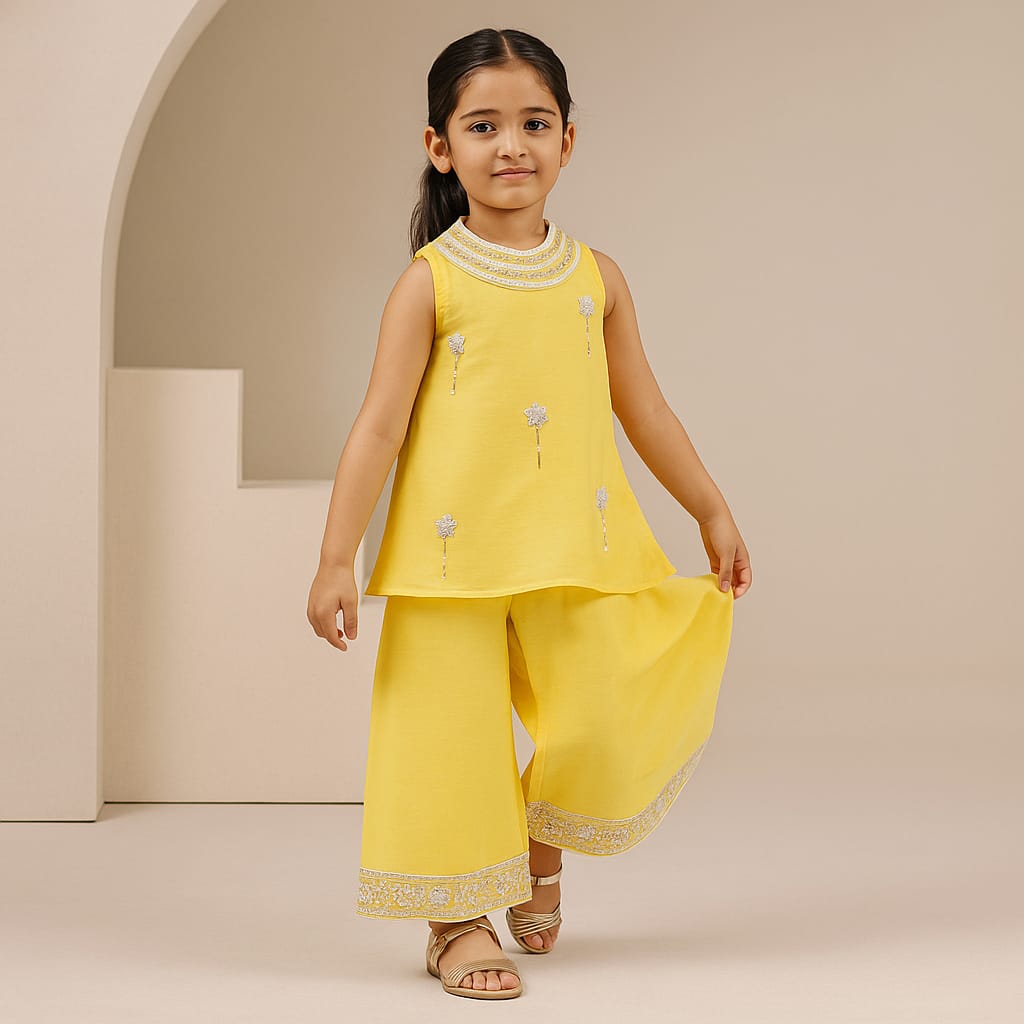 Pre Order: Yellow Embroidered Kurti And Flared Palazzo