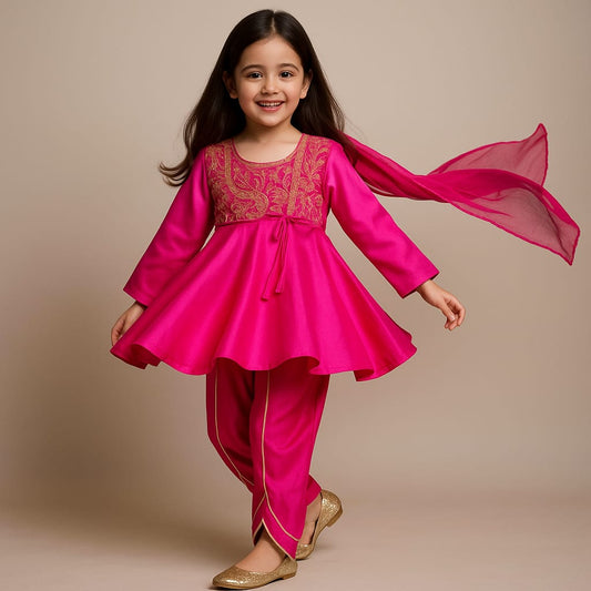 Pre Order: Pink Embroidered Kurti With Attached Jacket And Tulip Pant