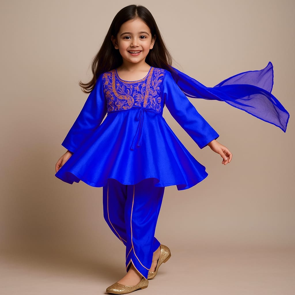 Pre Order: Blue Embroidered Kurti And Tulip Pant