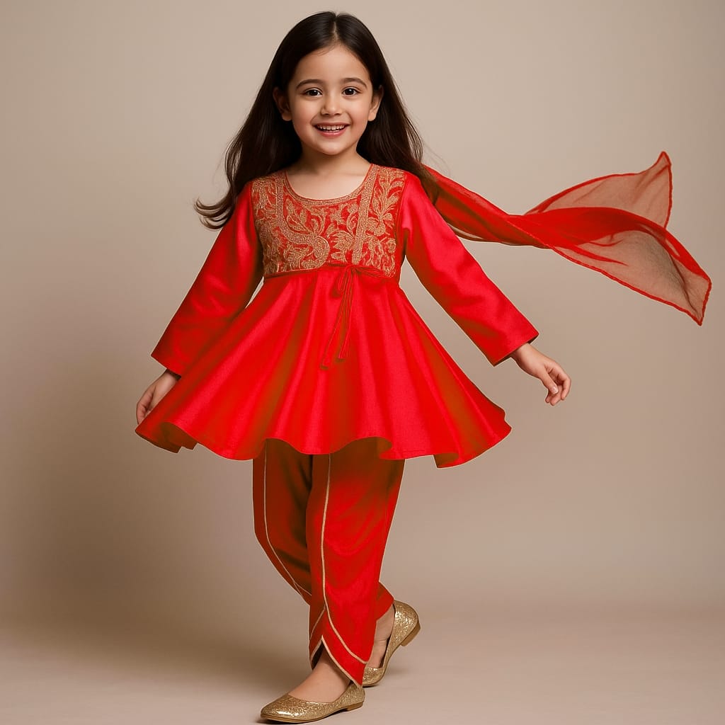 Pre Order: Red Embroidered Kurti  And Tulip Pant