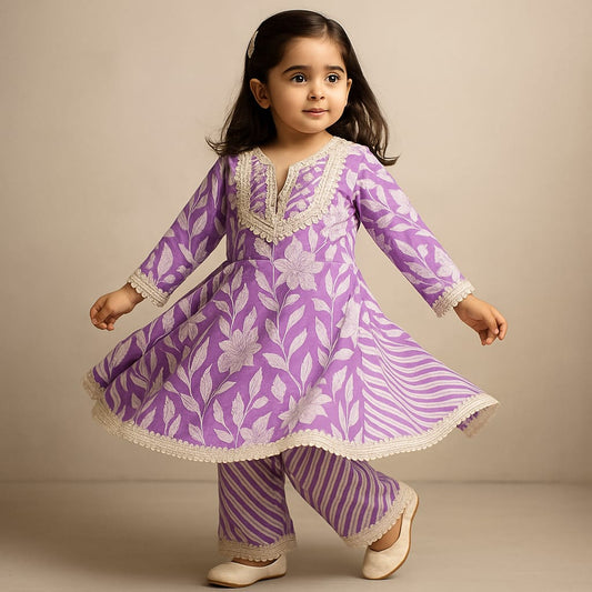 Pre Order: Purple Printed Kurti And Palazzo With Dupatta