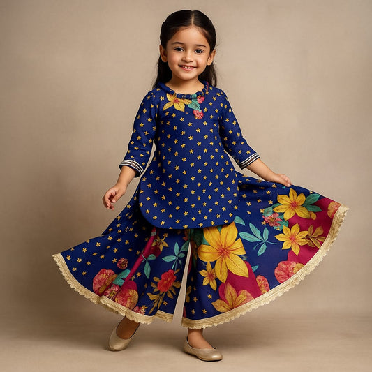 Pre Order: Floral Printed Ruffle Detailed Kurti And Flared Palazzo