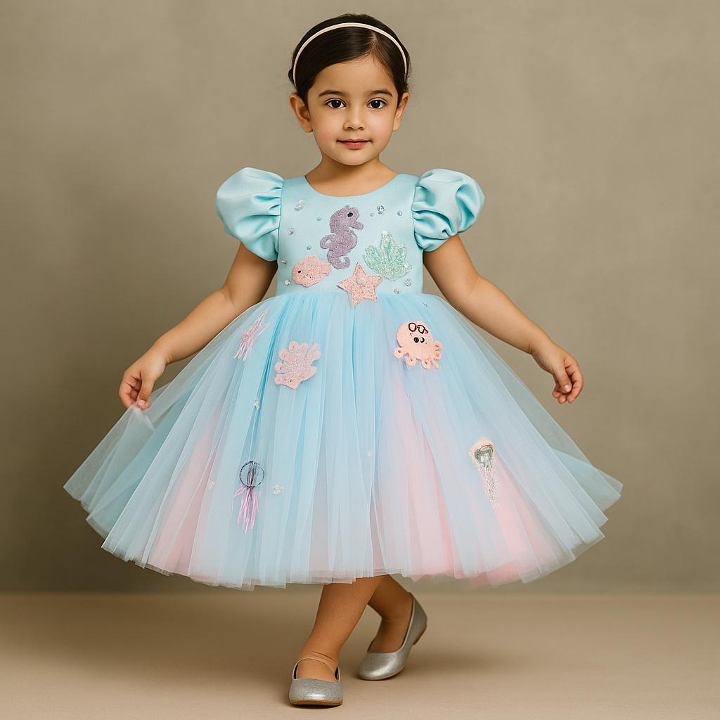 Pre Order: Blue And Pink Satin Dress With Sea Creature Embroidery