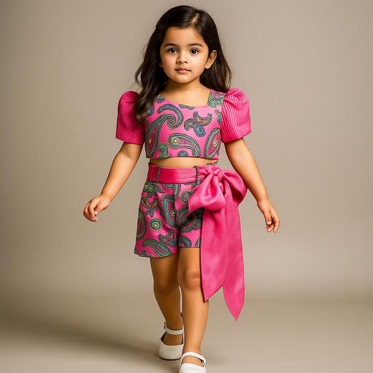Pre Order: Pink Printed Velvet Top And Shorts With Ribbon Bow Belt