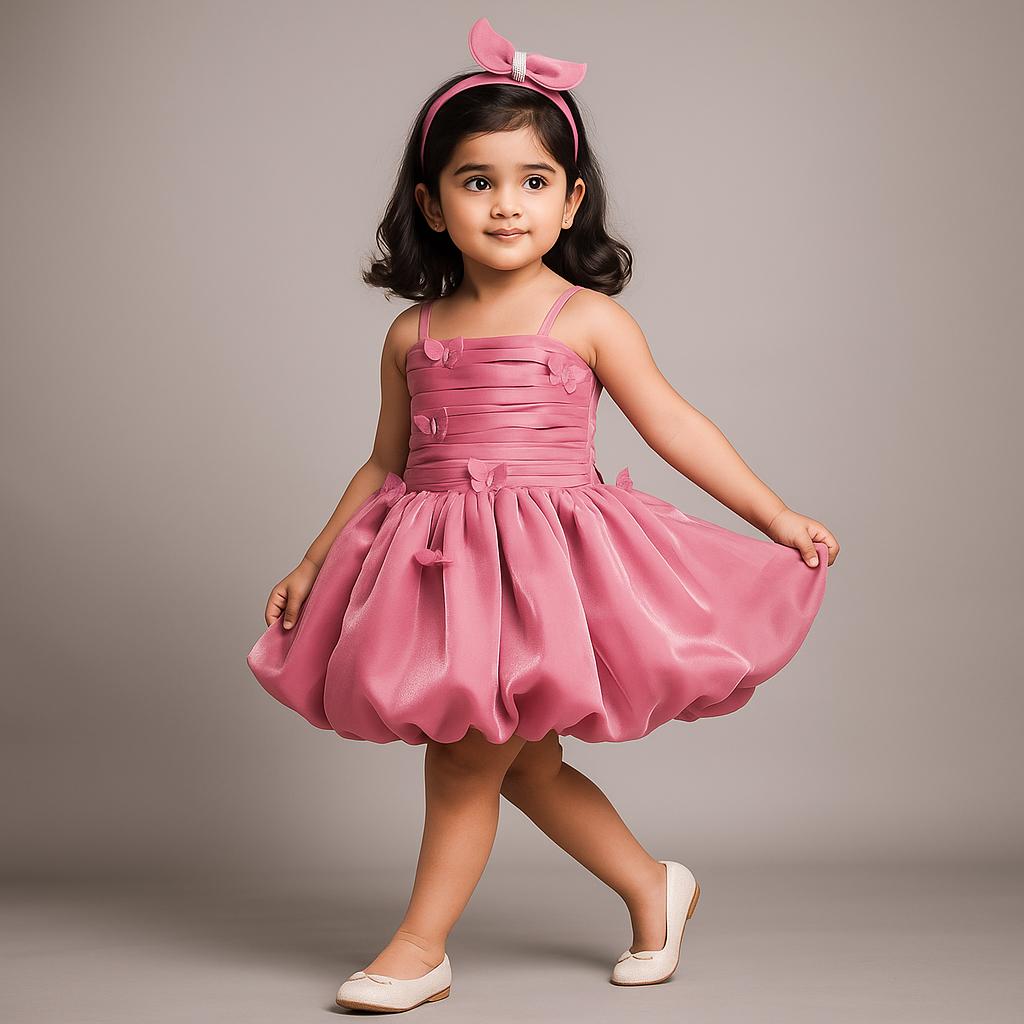 Pre Order: Pink Butterfly Embellished Shimmery Strappy Balloon Dress