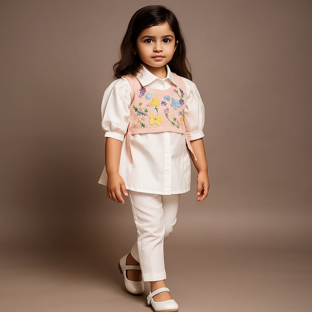Pre Order: Elegant Shirt Style Top With Peach Embroidered Embellished Jacket And Pant