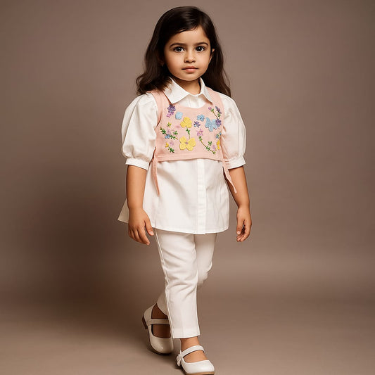 Pre Order: Elegant Shirt Style Top With Peach Embroidered Embellished Jacket And Pant
