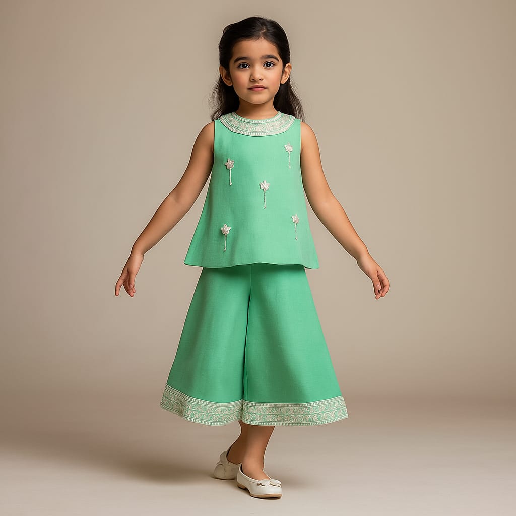 Pre Order: Green Embroidered Kurti And Flared Palazzo