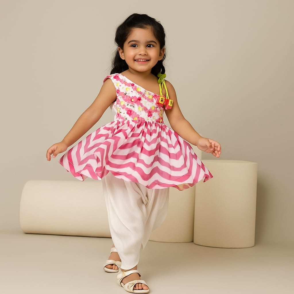 Pre Order: Embroidered One Shoulder Leheriya Peplum Top With Pleated Dhoti