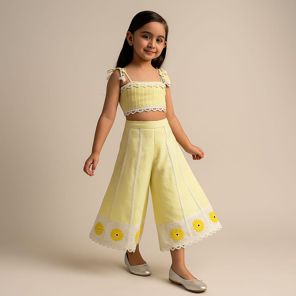 Pre Order: Yellow Strappy Embellished Top And Flared Palazzo