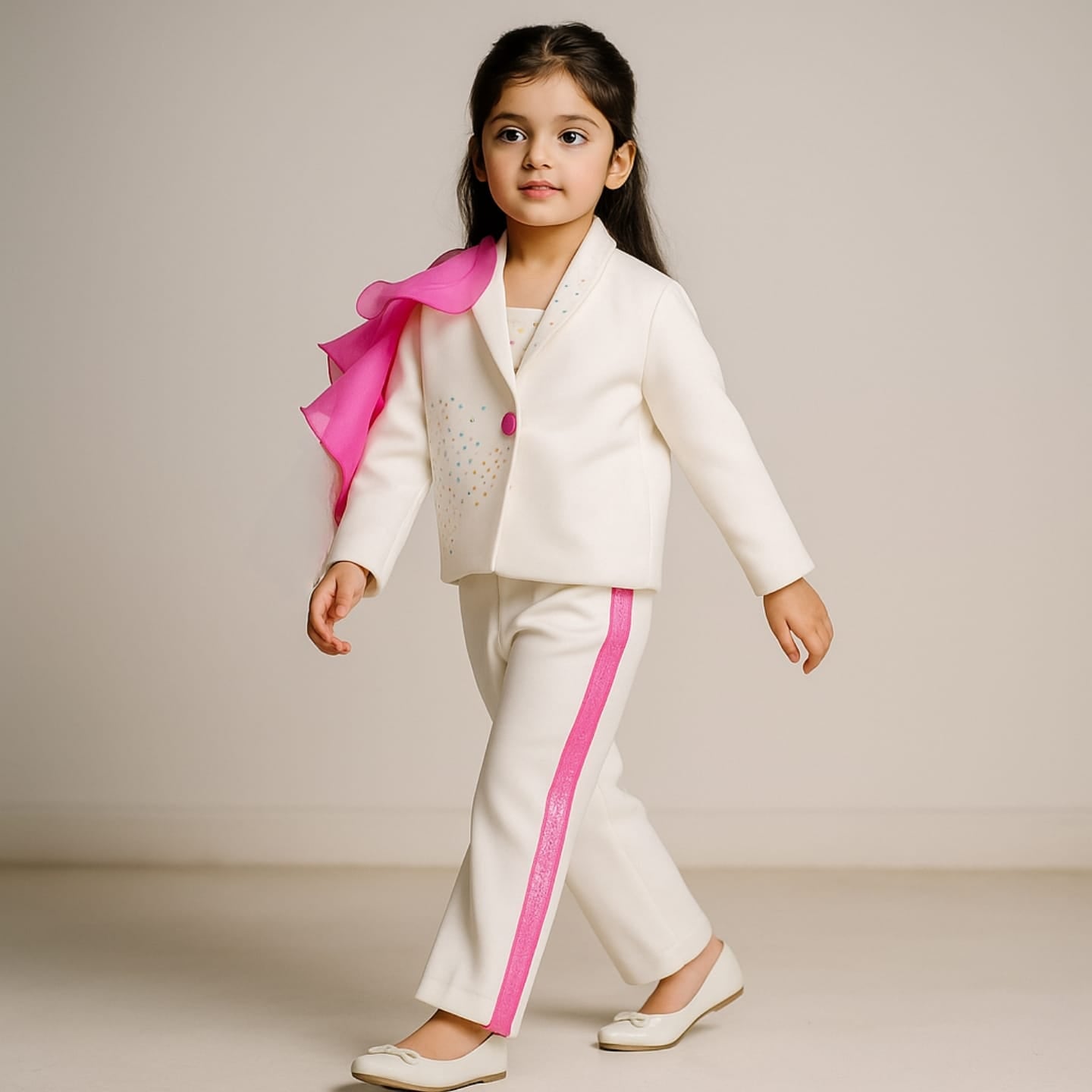 Pre Order: Embellished White Blazer Style Top With Pant