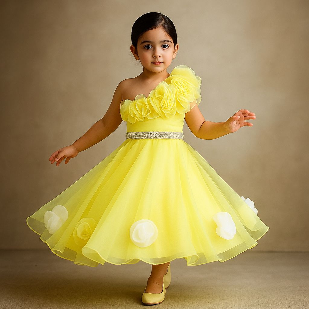 Pre Order: Organza One Shoulder Yellow Top And Flower Adorned Flared Lehenga
