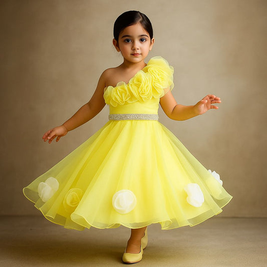 Pre Order: Organza One Shoulder Yellow Top And Flower Adorned Flared Lehenga
