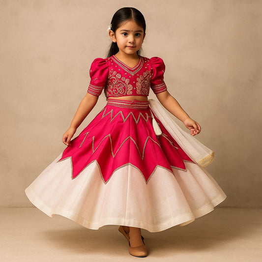 Pre Order: Embroidered Pink Top With Dual Tone Lehenga And Net Dupatta