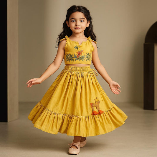 Pre Order: Jungle Theme Embroidered Yellow Top And Flared Lehenga