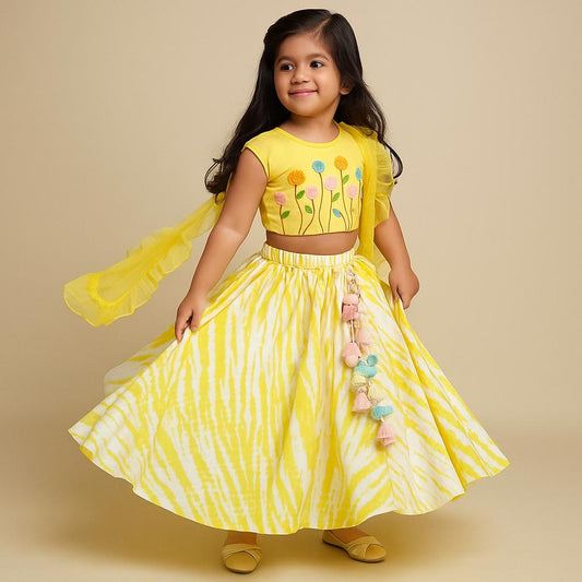Pre Order:  Yellow Top And Shibori Printed Lehenga With Ruffle Dupatta