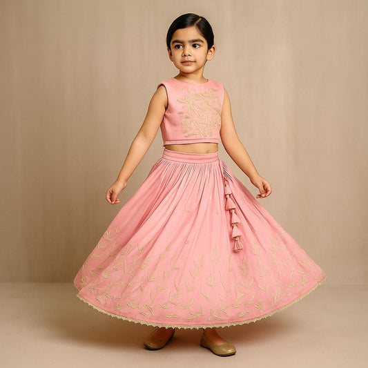 Pre Order: Pink Embroidered Top And Lehenga