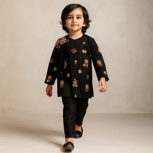 Pre Order: Black Asymmetric Floral Embroidered Kurta With Pyjama