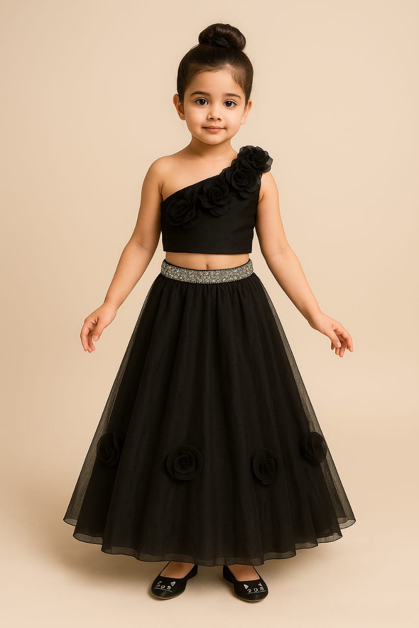 Pre Order: Organza One Shoulder  Top And Flower Adorned Flared Lehenga