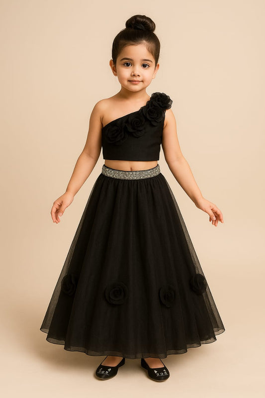 Pre Order: Organza One Shoulder  Top And Flower Adorned Flared Lehenga