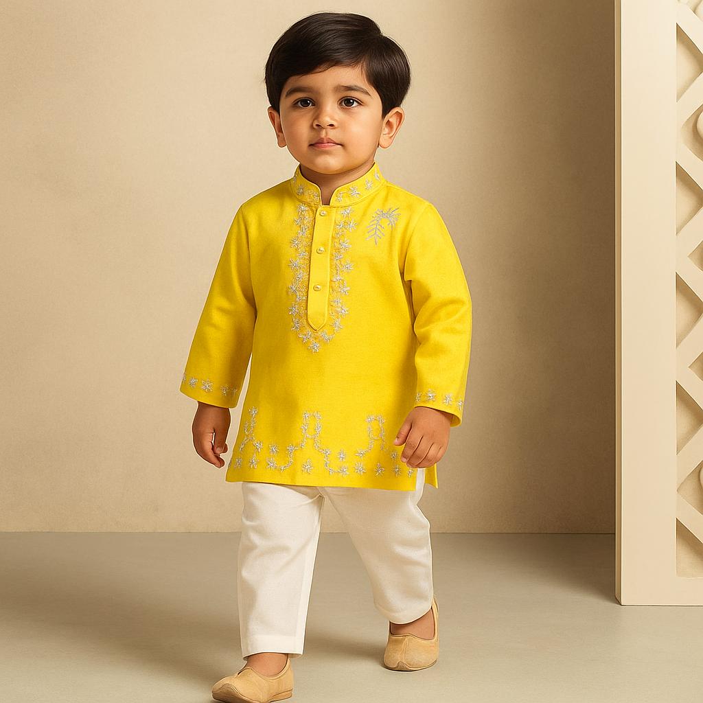 Pre Order: Yellow French Knot Embroidered Chanderi Kurta With White Pyjama