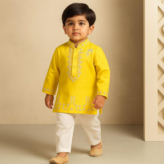 Pre Order: Yellow French Knot Embroidered Chanderi Kurta With White Pyjama