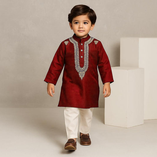 Pre Order: Maroon Zari Embroidered Kurta With Off White Pyjama