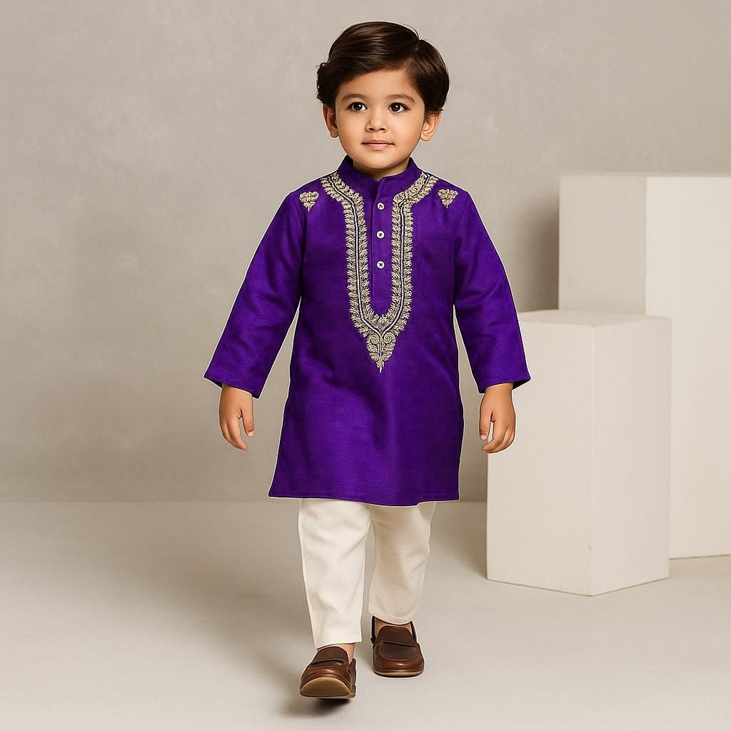 Pre Order: Purple Zari Embroidered Kurta With Off White Pyjama