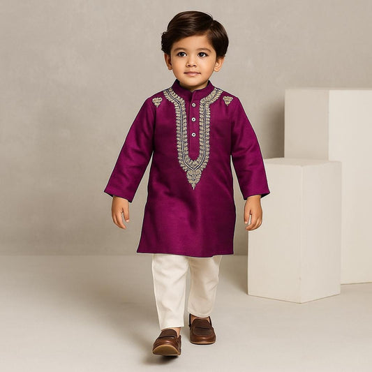 Pre Order: Wine Zari Embroidered Kurta With Off White Pyjama