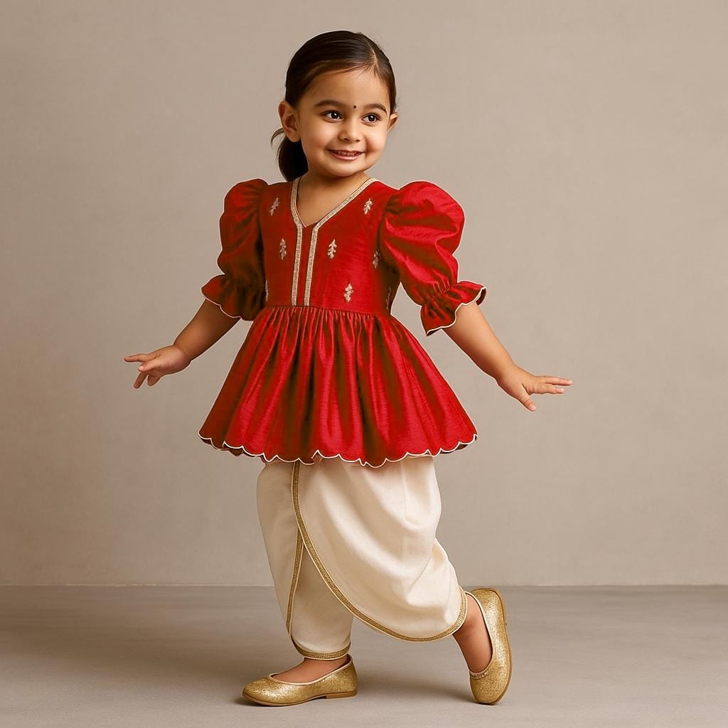 Pre Order: Red Embroidered Peplum Kurti And Tulip Dhoti