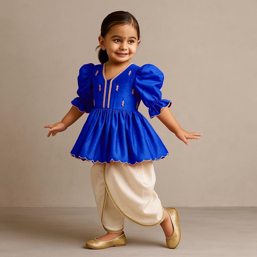 Pre Order: Blue Embroidered Peplum Kurti And Tulip Dhoti