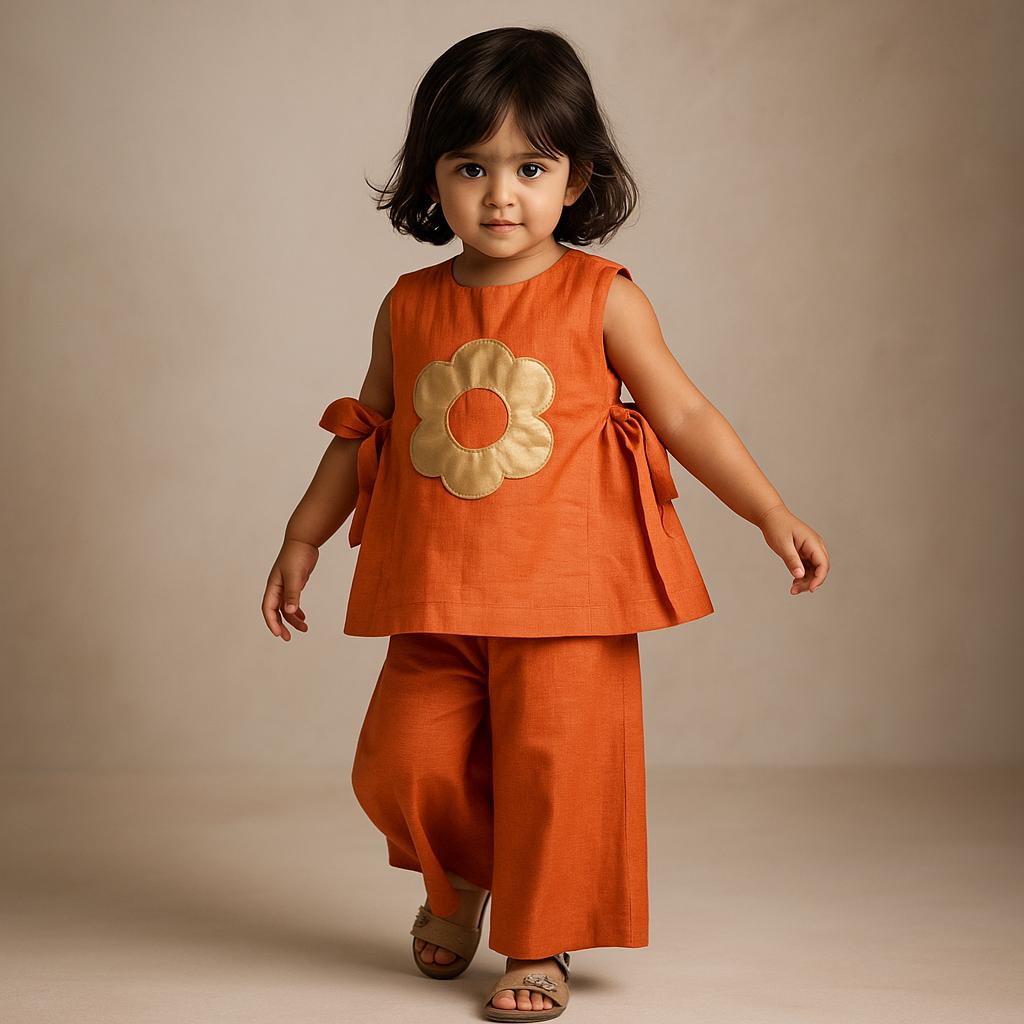 Pre Order: Orange Floral Applique Kurti And Palazzo