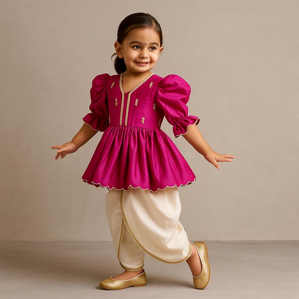 Pre Order: Pink Embroidered Peplum Kurti And Tulip Dhoti