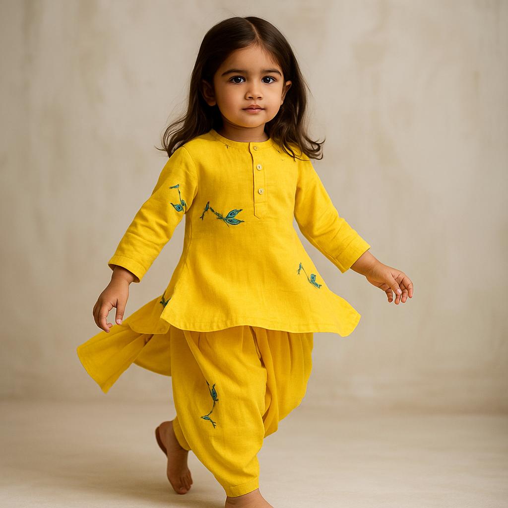 Pre Order: Yellow Embroidered Kurta And Dhoti Style Pant