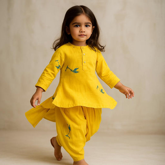 Pre Order: Yellow Embroidered Kurta And Dhoti Style Pant
