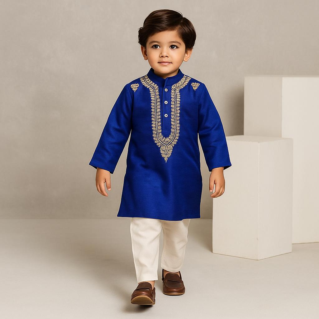 Pre Order: Blue Zari Embroidered Kurta With Off White Pyjama