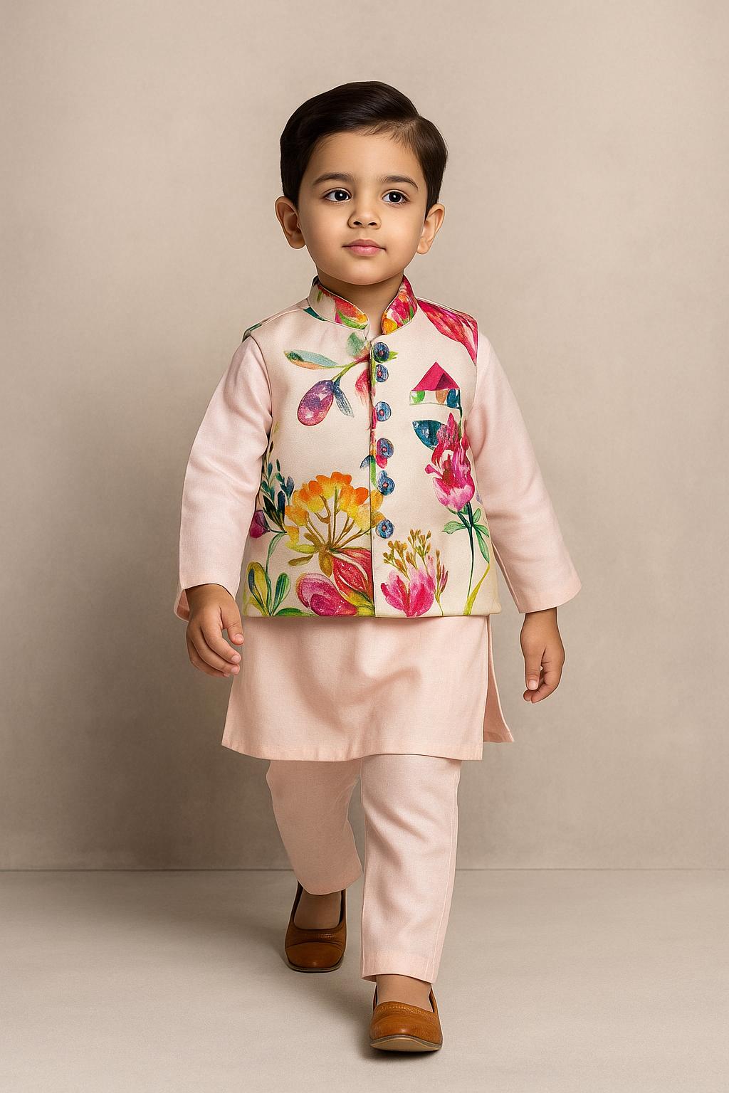 Pre Order: Peach Kurta With Front Printed Jacket And Pyjama