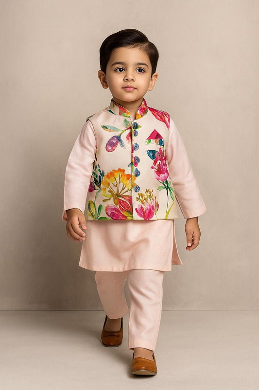 Pre Order: Peach Kurta With Front Printed Jacket And Pyjama