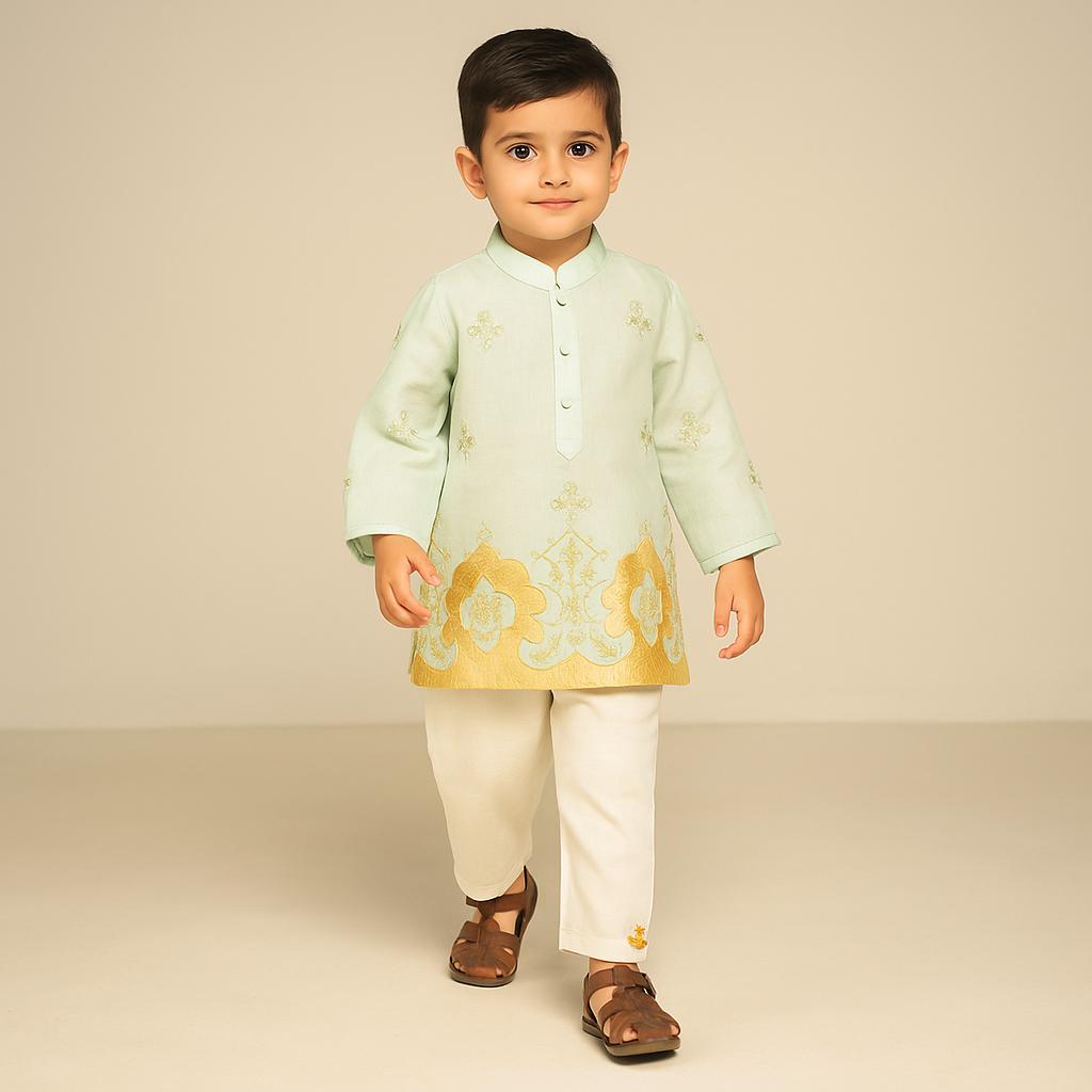 Pre Order: Blue Embroidered Silk Kurta And White Pyjama