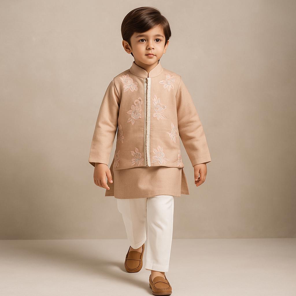 Pre Order: Peach Silk Kurta With Floral Embroidered Jacket And Pyjama