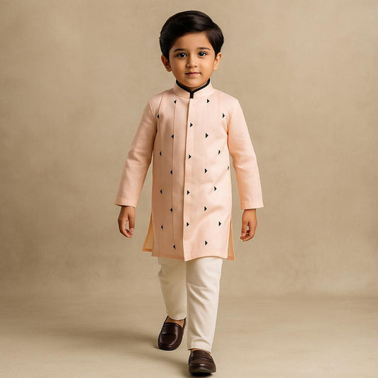 Pre Order: Black Triangular Detailed Peach Silk Kurta With Pyjama