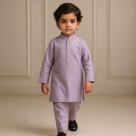 Pre Order: Lilac Embroidered Kurta With Silk Pyjama